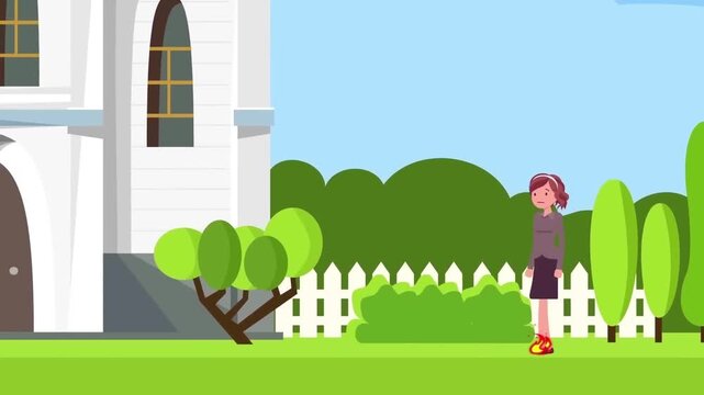 2D Animated Child Rollerblading on Park Path in Front of Church Cathedral Building, Outdoor Leisure Activity, Flat Vector Landscape
