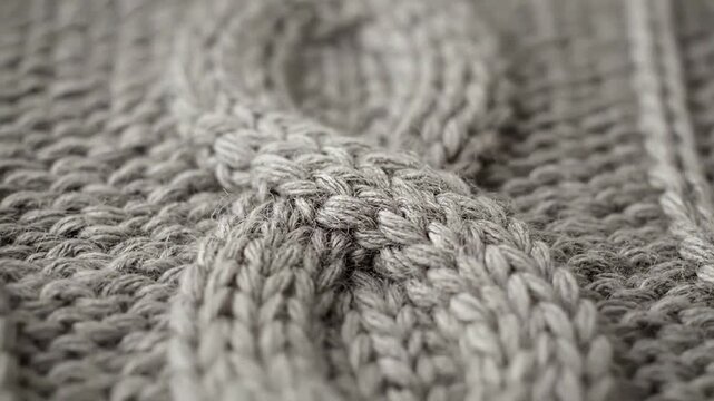A close-up view of a soft grey knitted fabric with a detailed cable pattern