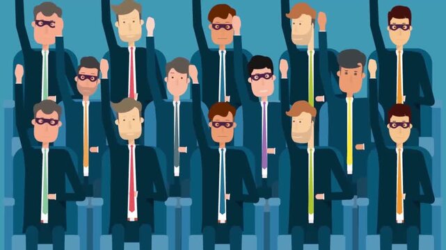 2D Animated Business Lecture Corporate Training, Rows of Identical Businessmen in Suits Raising Hands in Auditorium, Flat Vector Style