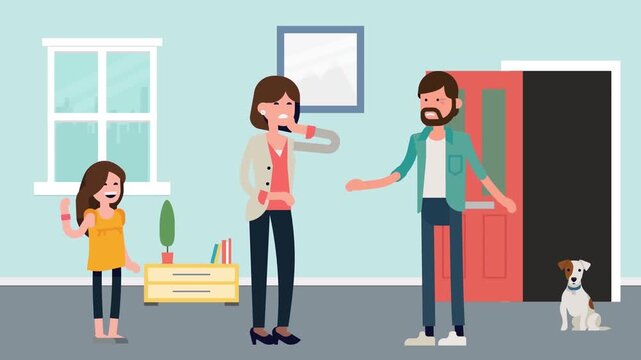2D Animated Family Meeting at Home Front Door, Mother Child and Father Coming Home or Leaving with Pet Dog, Flat Vector Interior Design