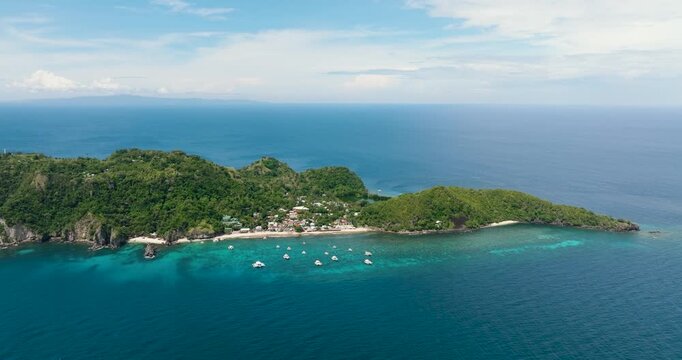 Top view of Apo Island with a beautiful beach and marine reserve. Popular dive site and snorkeling destination with tourists. Negros, Philippines.