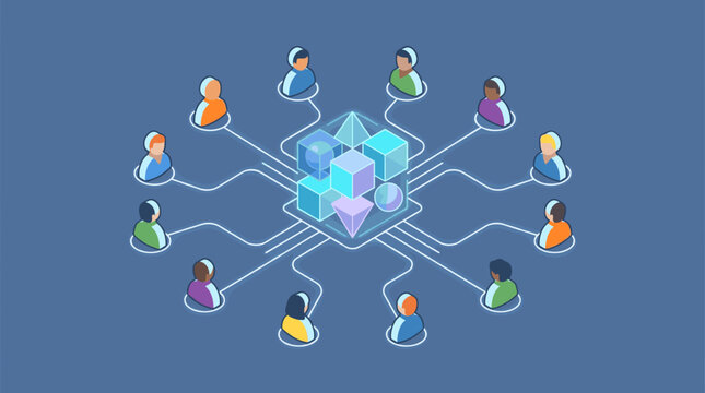 Isometric Decentralized Network of People Connected to Central Data Hub Illustration