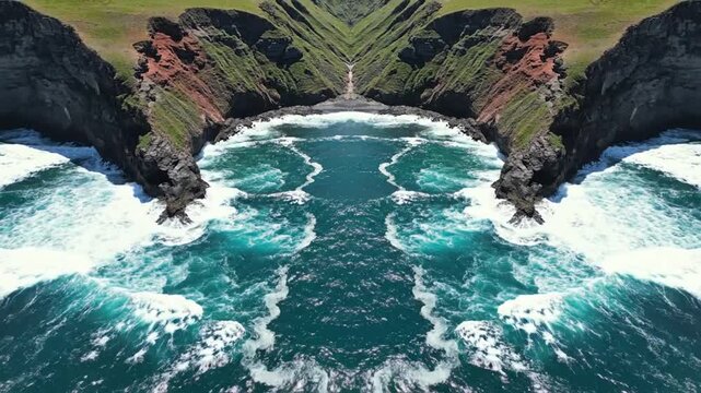 Symmetrical aerial view of a rugged coastline with dark cliffs and lush green vegetation meeting a deep turquoise ocean with white waves in a mirrored effect