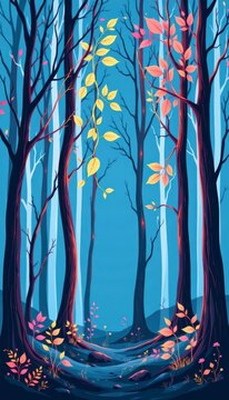 Illustrative forest foliage casting fine linear pattern neon shadows are showcased against a clean simple sapphire blue background