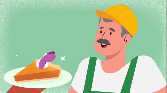 2D Animated Construction Worker Looking at a Slice of Pie, Builder Taking a Lunch Break, Sweet Dessert Flat Vector Illustration