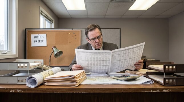 City planner reviewing financial spreadsheet with hiring freeze memo at desk