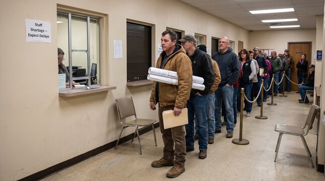 Contractor long line at permit window with staff shortage expect delays sign