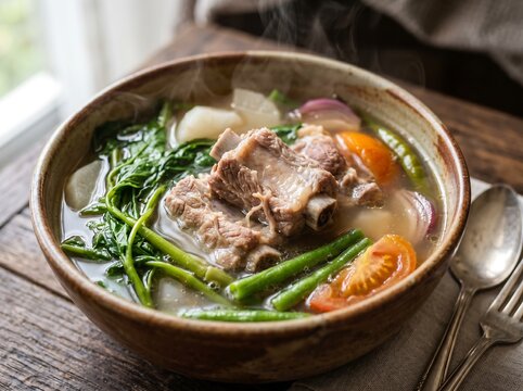 Steaming hot bowl of Filipino Sinigang na Baboy pork sour soup with tamarind broth and fresh vegetables, conveying authentic home cooked warmth and traditional comfort food