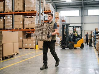 Obraz premium Molded fiber inserts handler crossing bright warehouse floor in packaging