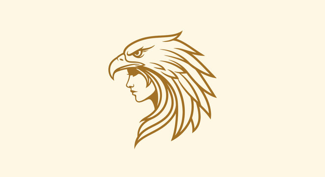 Woman wearing eagle head warrior mask logo.