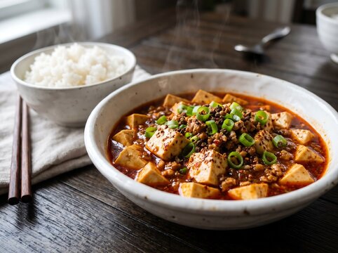 Spicy Sichuan mapo tofu with silken cubes, minced pork, and green onions in a white ceramic bowl next to white rice, conveying authentic fiery flavors and classic Chinese cooking