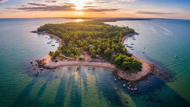 An aerial view of a tropical island surrounded by clear blue water at sunset