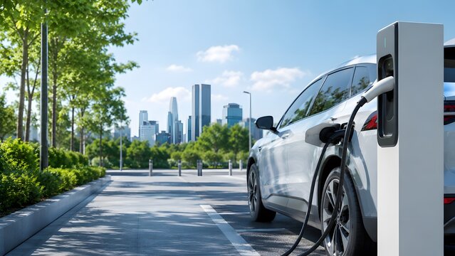 都市のEV充電ステーションで充電する電気自動車の脱炭素素材