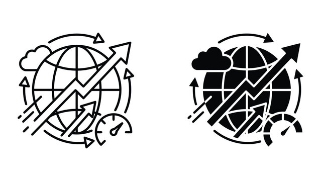 Global data growth performance icons set with world globe and speedometer