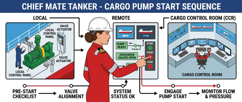 Maritime Cargo Pump Start Sequence: Local, Remote, and CCR Operations