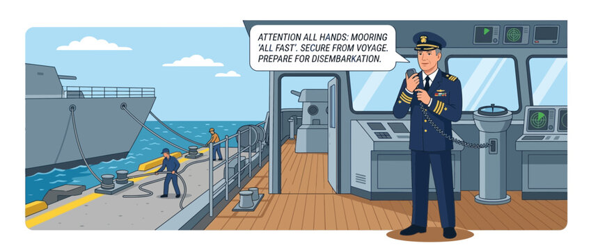 Naval Officer on Ship Bridge Announces Departure, Crew Secures Vessel at Dock