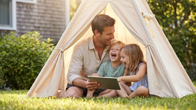 Father sits at entrance of cream canvas teepee on trimmed backyard lawn while two young children lean close to tablet, all smiling, laughing, and enjoying relaxed family playtime, with family, father