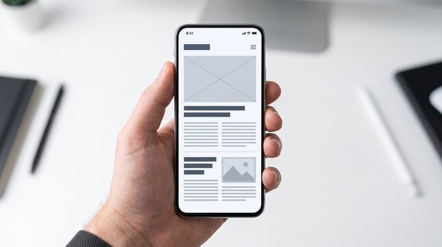 Hand Holding Smartphone Displaying Minimalist Digital News App Layout