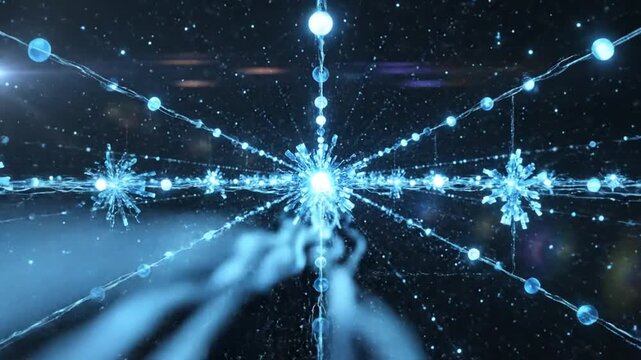 Futuristic digital galaxy with glowing blue starbursts, spherical nodes, and flowing energy trails in a dark expanse Keywords: futuristic, digital, galaxy, glowing, blue, starbursts, spherical