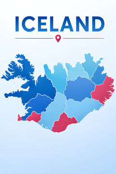 Iceland Political Map with Regional Boundaries Premium 3D Vector Illustration