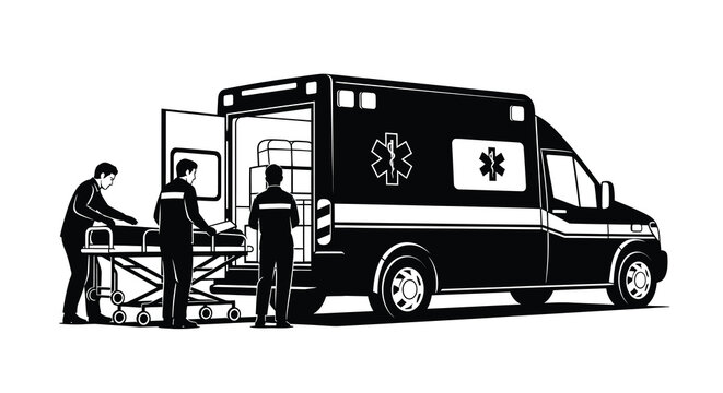Black Silhouette of Paramedics Loading Patient on Stretcher into Ambulance Isolated on White Background Vector Illustration