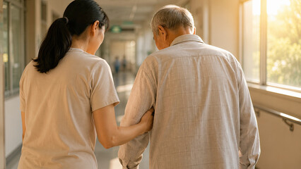 Obraz premium Stroke, cerebrovascular. Asian adult daughter supporting her elderly father arm as they walk slowly together in a hospital hallway