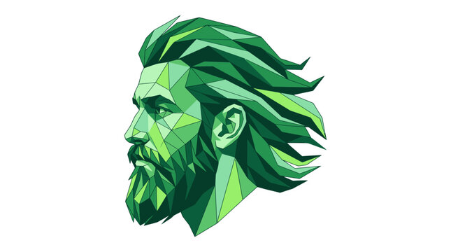 Green geometric man head with beard and long hair