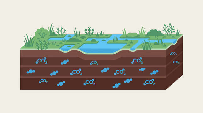 Wetland Peatland Carbon Sequestration Flat Vector Illustration of Soil Carbon Storage