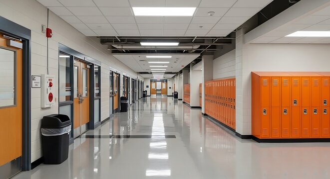 Empty school hallway with orange lockers and shiny floors in a modern academic building during the day