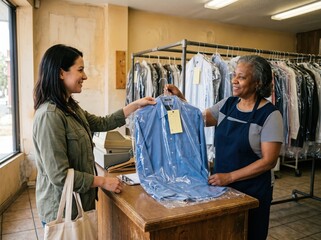 Fototapeta premium Dry cleaner handing over pressed garments at modest storefront counter