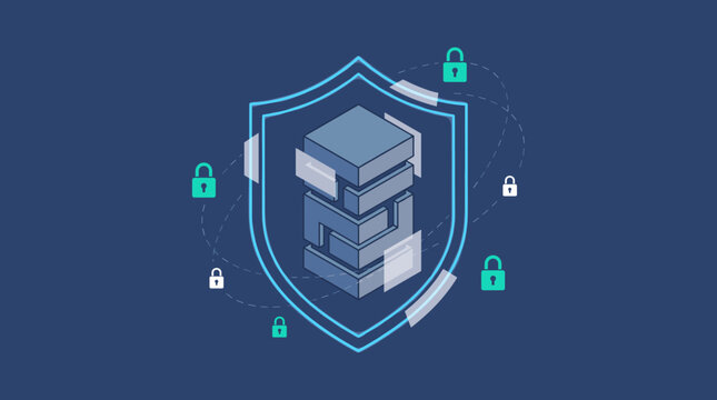 Isometric Data Security Vector Illustration with Shield Protecting Server Rack and Padlocks