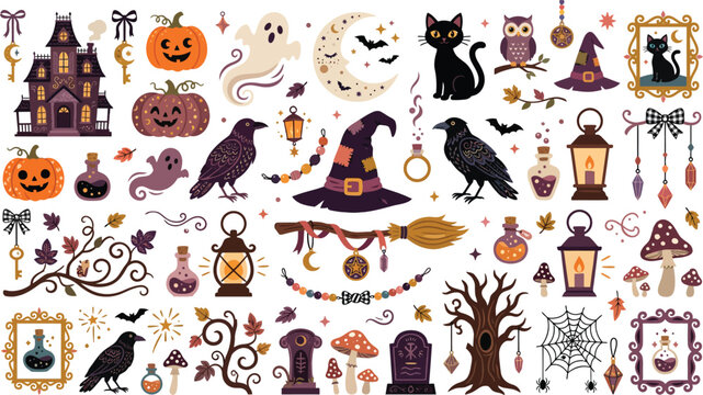 A collection of watercolor halloween elements featuring haunted houses pumpkins black cats ravens ghosts witch hats lanterns and spooky forest trees