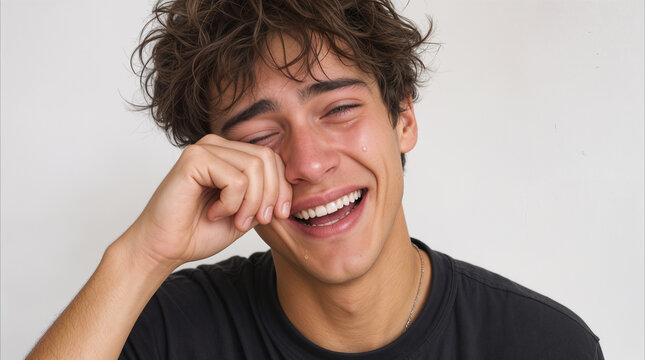 Crying young man laughing while wiping tears from eyes. Mixed emotions and hysterical reaction during intense emotional moment.