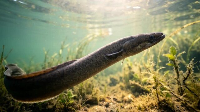 freshwater eel underwater close up in mekong river morning light video