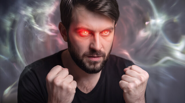 Angry man with glowing red eyes clenching fists. Science fiction concept of superhuman power or cybernetic enhancement.