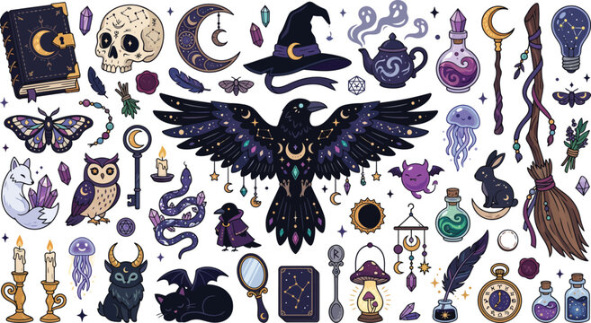 A collection of mystical witchy elements including a raven skull moon crystals potions and magical items on a white background design