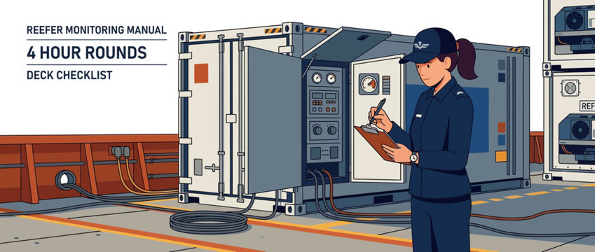 Reefer Container Monitoring: Crew Member Checks Equipment and Records Data