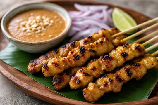 Grilled chicken satay skewers served with rich peanut sauce and sliced onions, showcasing authentic Southeast Asian street food traditions and savory charcoal flavor
