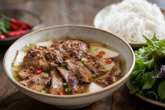 Bowl of traditional Vietnamese Bun Cha grilled pork with rice vermicelli and fresh herbs, conveying rich Hanoi culinary heritage and balanced fresh flavors