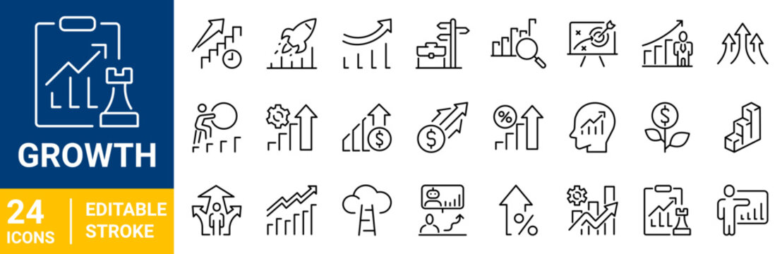 Growth web Line Icons set. Target, graph, investment, performance, profit. Outline icon collection. Editable stroke. Vector illustration