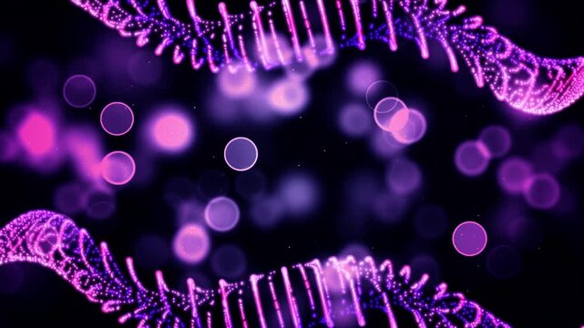 Close-up of glowing purple DNA helix with bokeh background in vibrant colors
