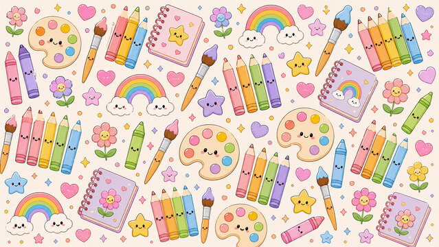 Cute Kawaii Art Supplies Seamless Pattern with Paint Palette, Brushes and Colored Pencils