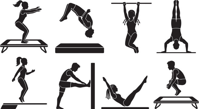Gymnastics silhouette icons set, athletic people performing acrobatic stunts and floor exercises, 8 black vector figures for sports training isolated on Transparent Background