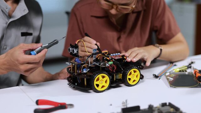 Engineering students collaborating and building a robotic car for a STEM education project in a modern laboratory
