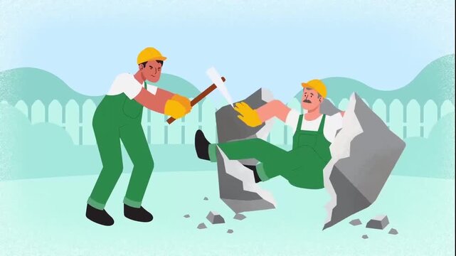 2D Animated Worker Breaking Concrete Block to Rescue Trapped Person, Construction Site Accident or Freedom Concept, Flat Vector Style