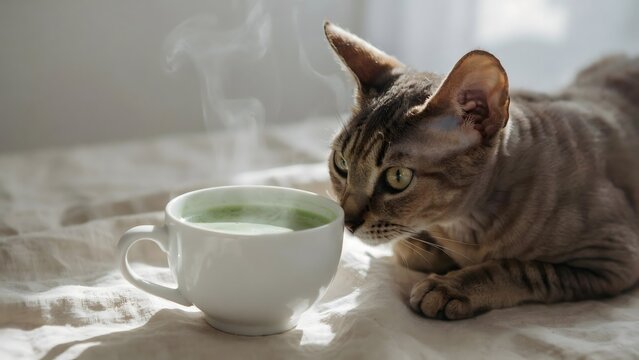 Curious cat sniffing steaming cup of green tea on a sunny table