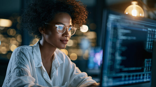An attractive data scientist computing and visualizing a complex data set on a bright computer data science big data data scientist data mining artificial intelligence