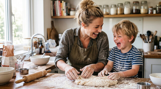 laughing mother and son baking together with flour in cozy kitchen