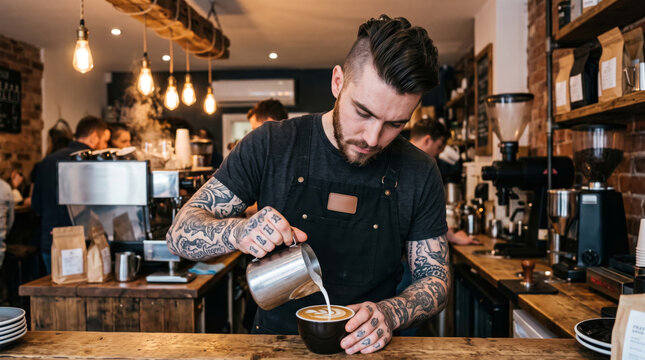 tattooed barista pouring milk into cup making latte art in coffee shop