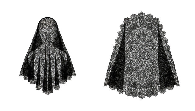 Intricate Black Lace Mantilla Veil with Ornate Pattern